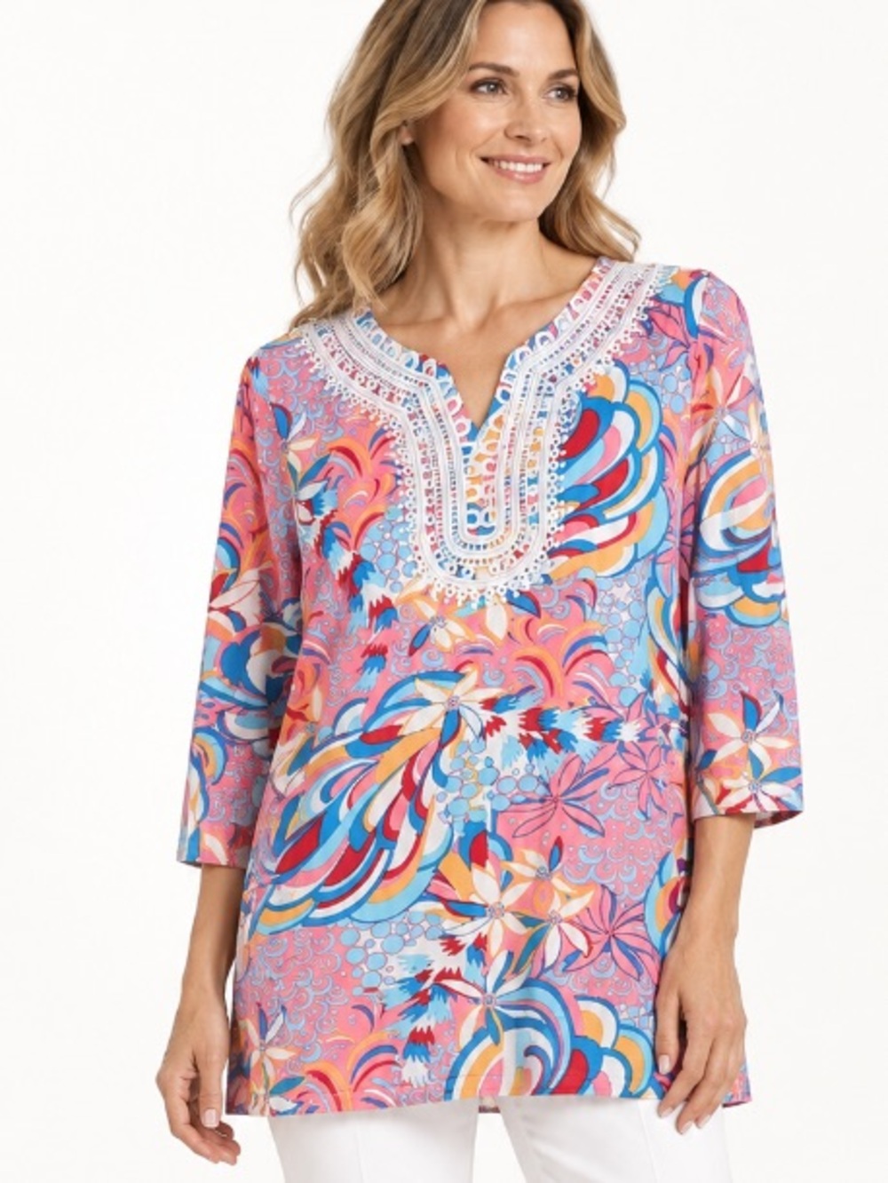 Talbots Tunic Top with White Embroidered Bodice Pink Tropical Print Coastal Prep
